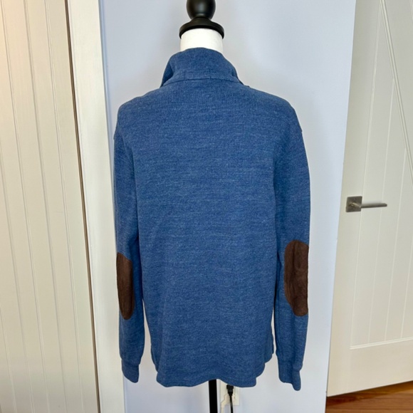 Polo Ralph Men’s Lauren Blue cotton 1/4 zip sweater. Size M. suede patches/trim. - Picture 3 of 10